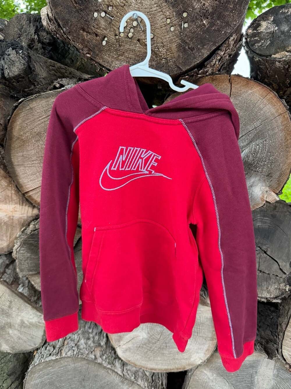 Nike Vintage Style Colorblock Red and Burgundy Embroidered Logo Hoodie